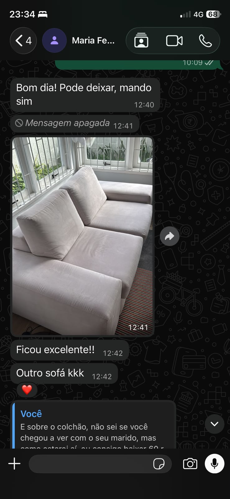 Print de conversa no WhatsApp: cliente Nath satisfeita com a higienização