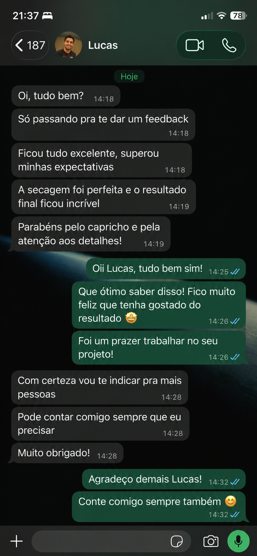 Print de conversa no WhatsApp: cliente Nath satisfeita com a higienização