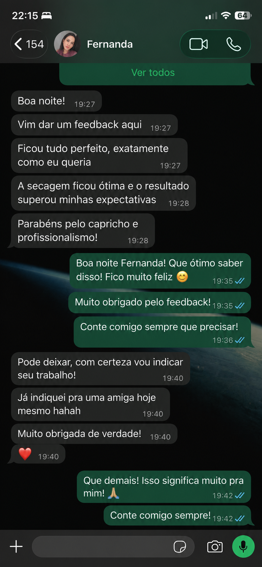 Print de conversa no WhatsApp: cliente Nath satisfeita com a higienização